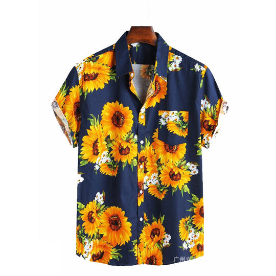 Herren Kurzarmhemd mit farbenfrohem Sonnenblumenmuster und leichtem Baumwollstoff EB