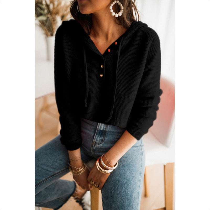 Damen lässiger Kapuzenpullover mit Knopfleiste und hohem Kragen EB