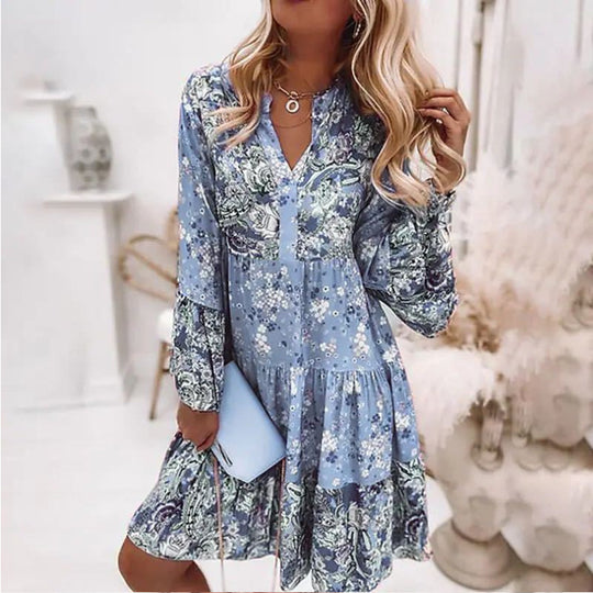 Damen Sommerkleid mit floralen Mustern und schwingendem Rock EB