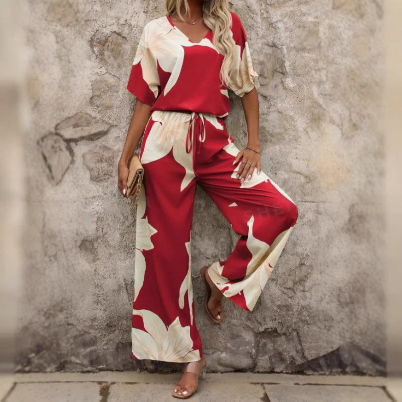 Damen luftiger Hosenanzug mit floralem Print und elastischem Bund EB