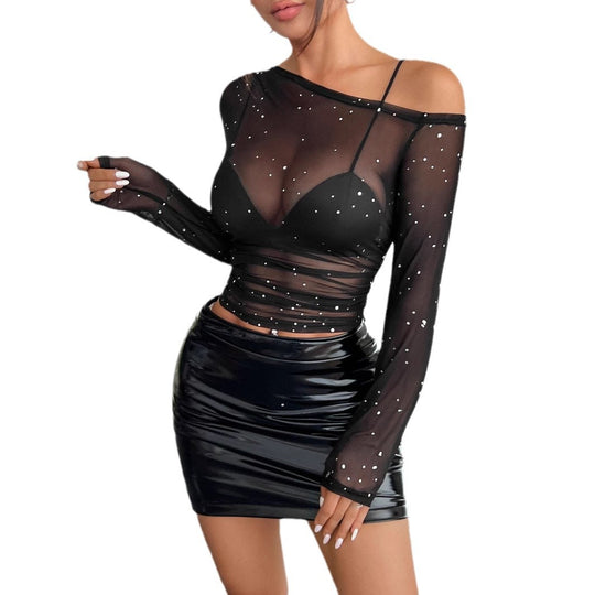 Damen Elegante und transparente Bluse mit Glitzersteinen EB
