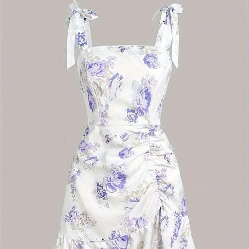 Damen Spaghettiträger Mini-Kleid mit floralem Design und Rüschensaum EB