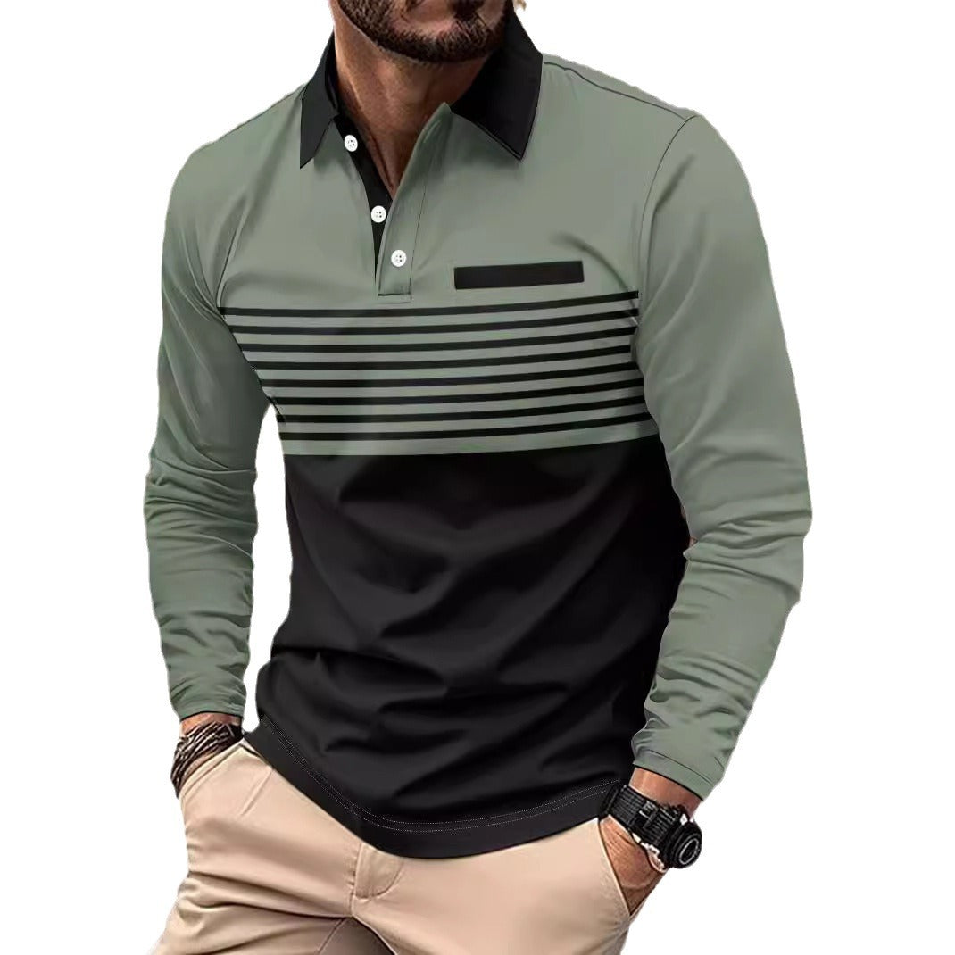 Herren nan langärmliges Poloshirt mit kontrastierendem Hemdkragen, dezenter Brustpaspel und feinem Streifenrelief EB