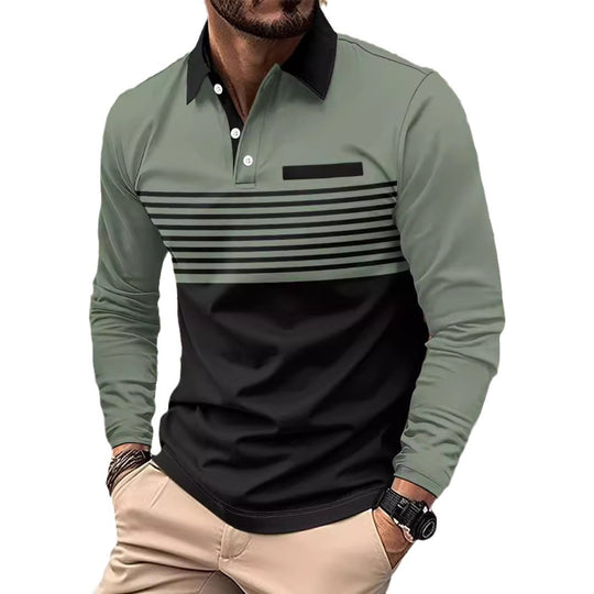 Herren nan langärmliges Poloshirt mit kontrastierendem Hemdkragen, dezenter Brustpaspel und feinem Streifenrelief EB