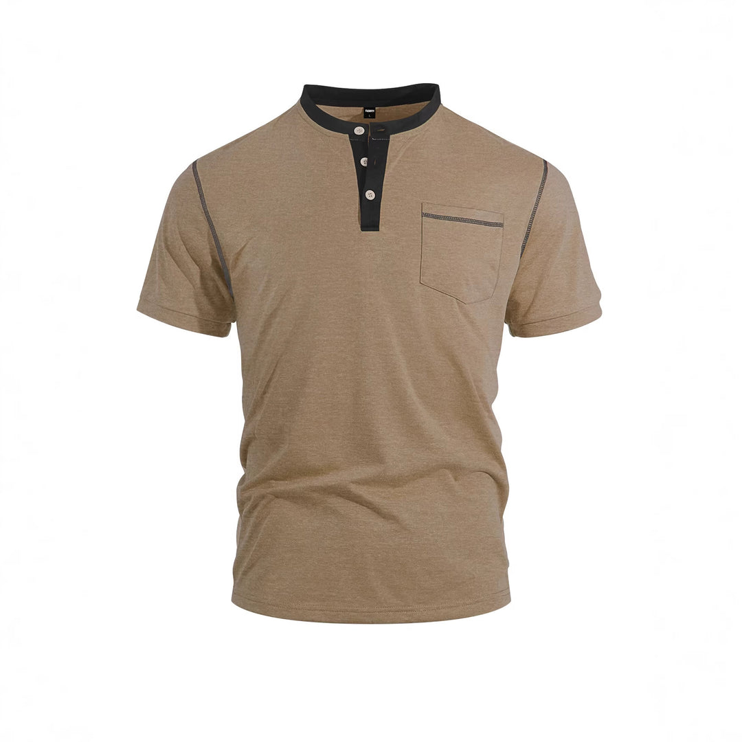 Herren nan legeres Kurzarm-Bandkragenshirt mit Knopfleiste Brusttasche und Flatlocknähten EB