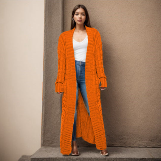 Damen Langer Strickcardigan mit raffiniertem Zopfdesign und praktischen Taschen EB