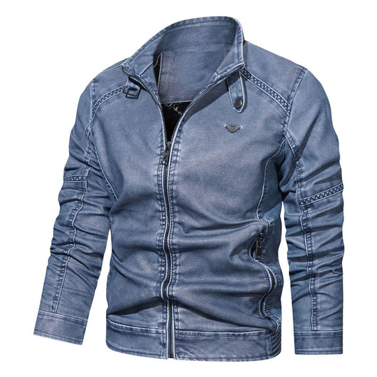 Herren Denim-Zipjacke im Vintage-Washed-Look mit Stehkragen und Ziernähten EB