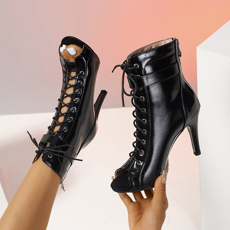 Damen Peeptoe Ankle Boots mit modischem Schnür-Design und elegantem Stiletto-Heel EB