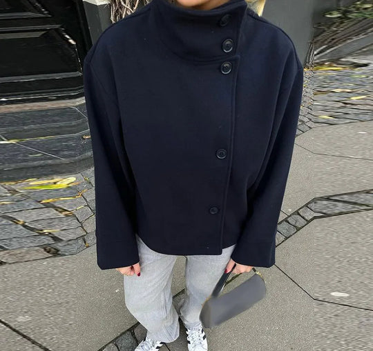 Damen modische Kurzjacke mit hohem Kragen und Knopfverschluss EB