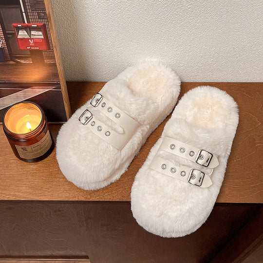 Damen Hausschuhe mit weichem Flausche-Futter und modischen Doppelschnallen EB