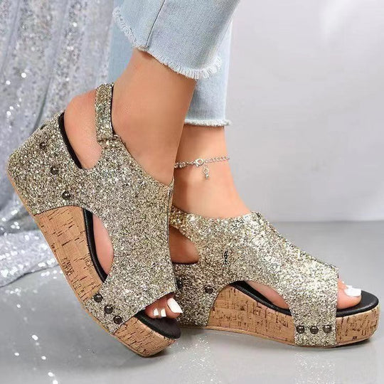 Damen Plateausandalen mit funkelndem Glitzer und Korksohle EB