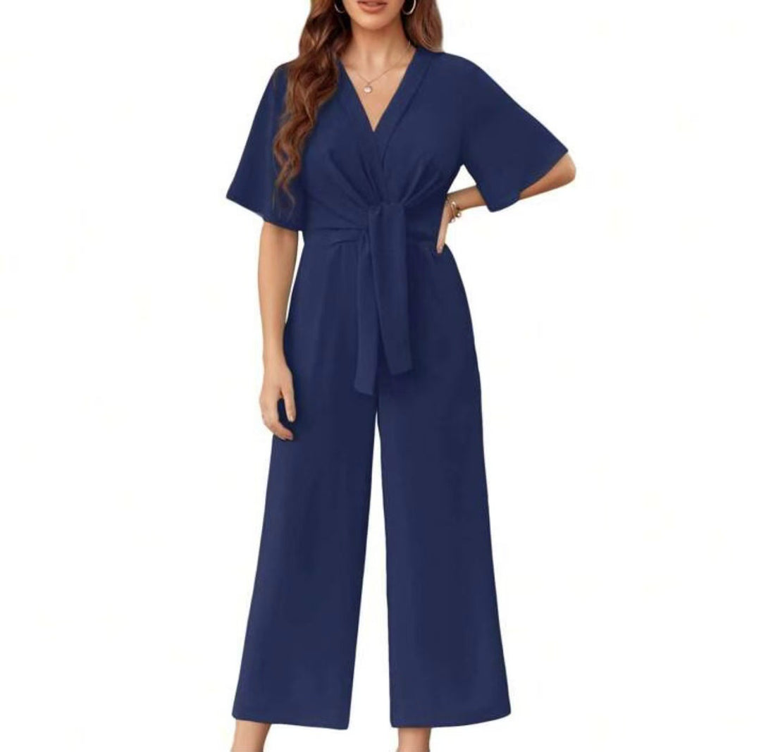 Damen eleganter Jumpsuit mit tiefem V-Ausschnitt und Poncho-Ärmeln EB