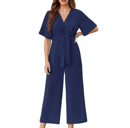 Damen eleganter Jumpsuit mit tiefem V-Ausschnitt und Poncho-Ärmeln EB