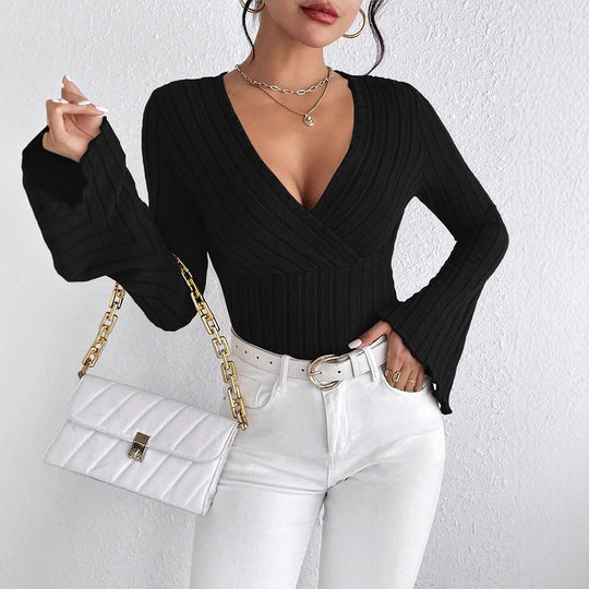 Damen elegantes Wickeloberteil mit Rippstrick und gedrilltem Design EB