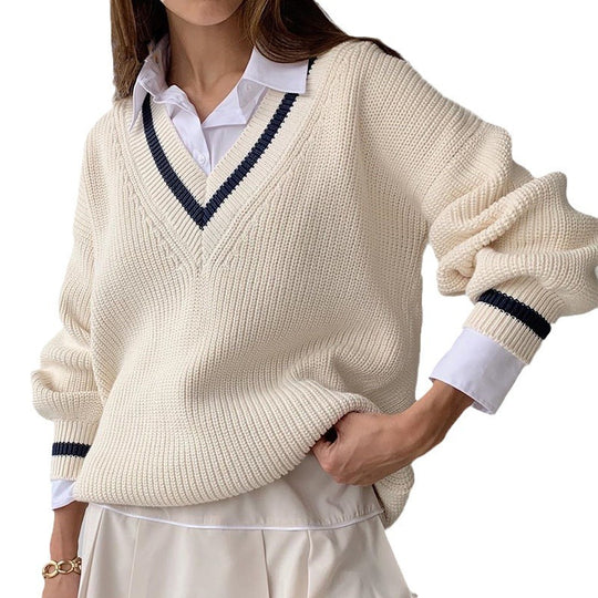 Damen V-Ausschnitt Pullover mit kontrastierenden Streifen EB
