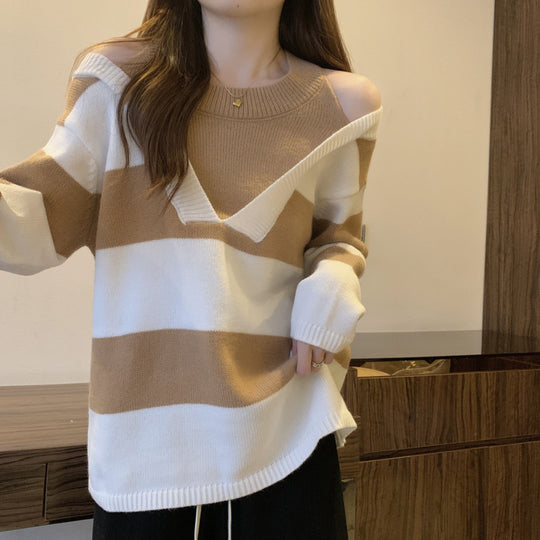 Damen V-Ausschnitt Oversized-Pullover mit modischem Streifenmuster und offenem Schulterdesign EB