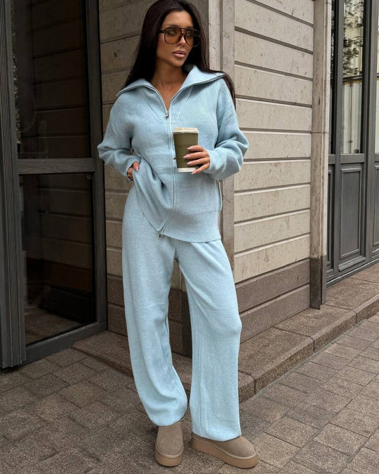 Damen Feinstrick-Loungewear-Set mit Zwei-Wege-Reißverschluss und weitem Umlegekragen EB