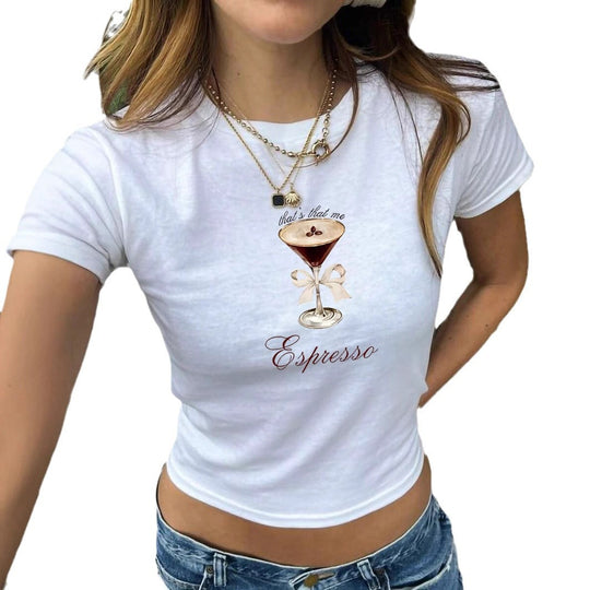 Damen Crop-T-Shirt mit künstlerischem Espresso-Motiv und verspieltem Schriftzug EB