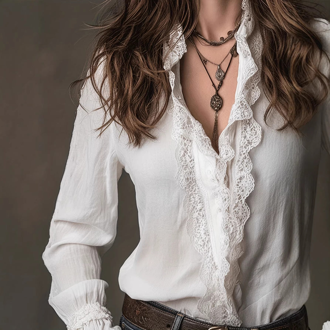 Damen elegante Bluse mit Rüschendetails und Spitzenbesatz EB