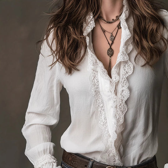 Damen elegante Bluse mit Rüschendetails und Spitzenbesatz EB