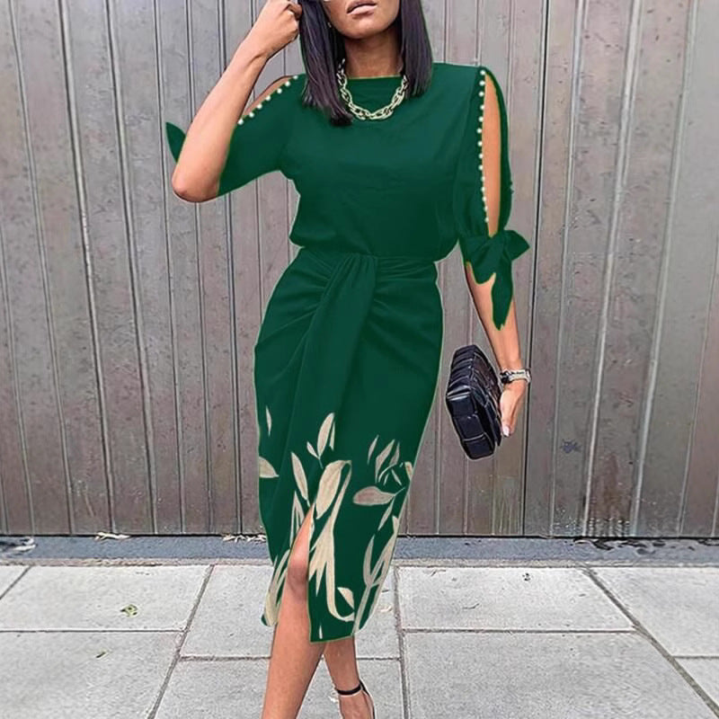 Damen Wickelkleid mit dekorativen Ärmeln und floralem Saum EB