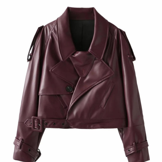 Damen Kunstleder Bikerjacke im modischem Cropped-Design mit taillierbarem Gürtel und dekorativen Knöpfen EB