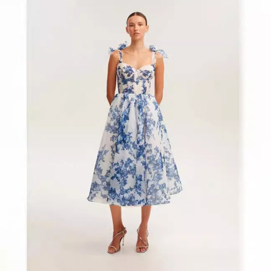 Damen Midikleid mit floralem Spitzenoberteil und zarten Rüschendetails EB