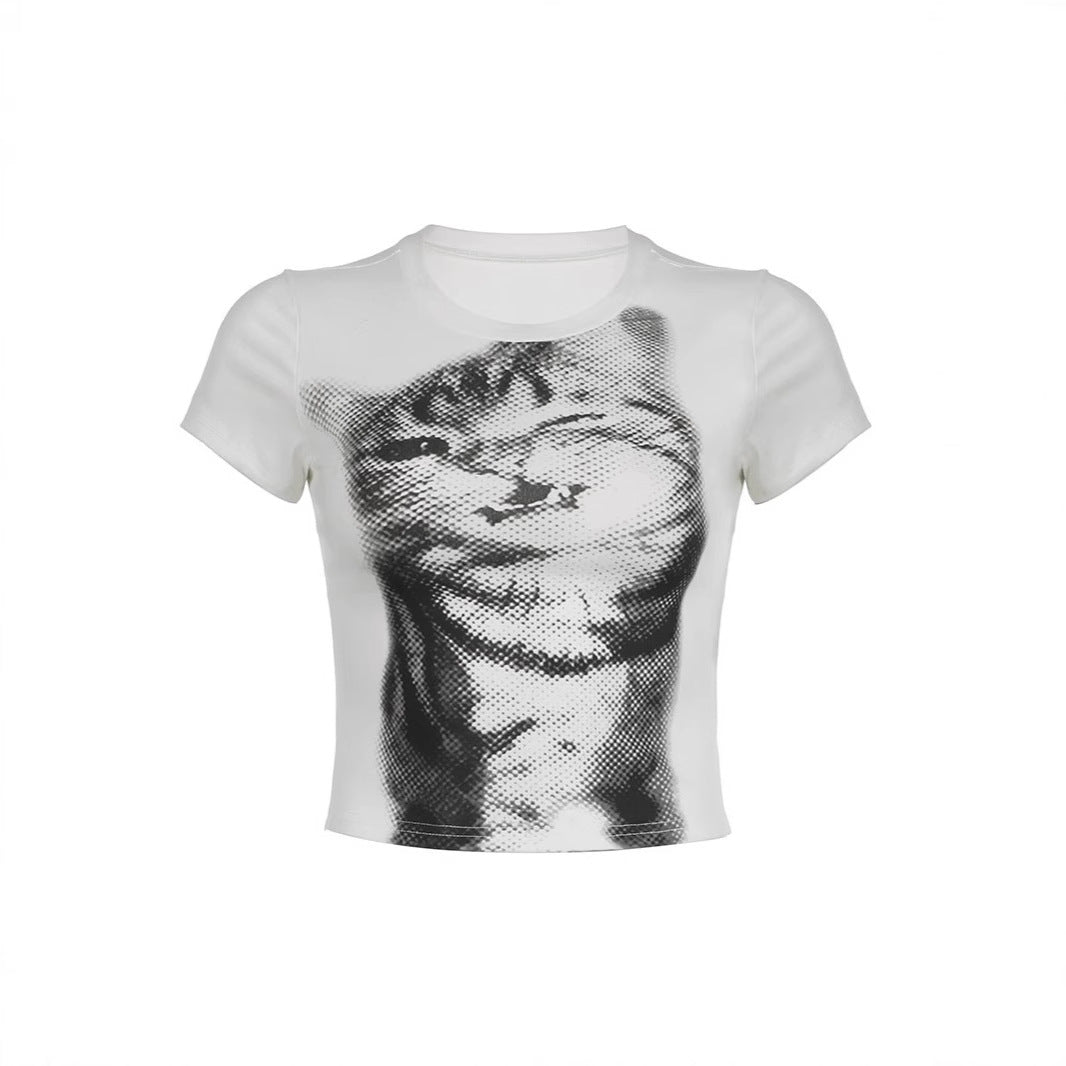 Damen Crop-T-Shirt mit kreativem Katzenmotiv EB