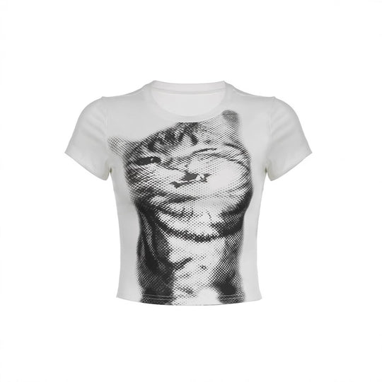 Damen Crop-T-Shirt mit kreativem Katzenmotiv EB