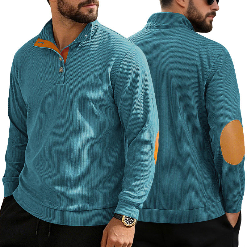 Herren nan lässiger Strukturpullover mit Polokragen, kurzer Knopfleiste und veganen Lederbesätzen EB