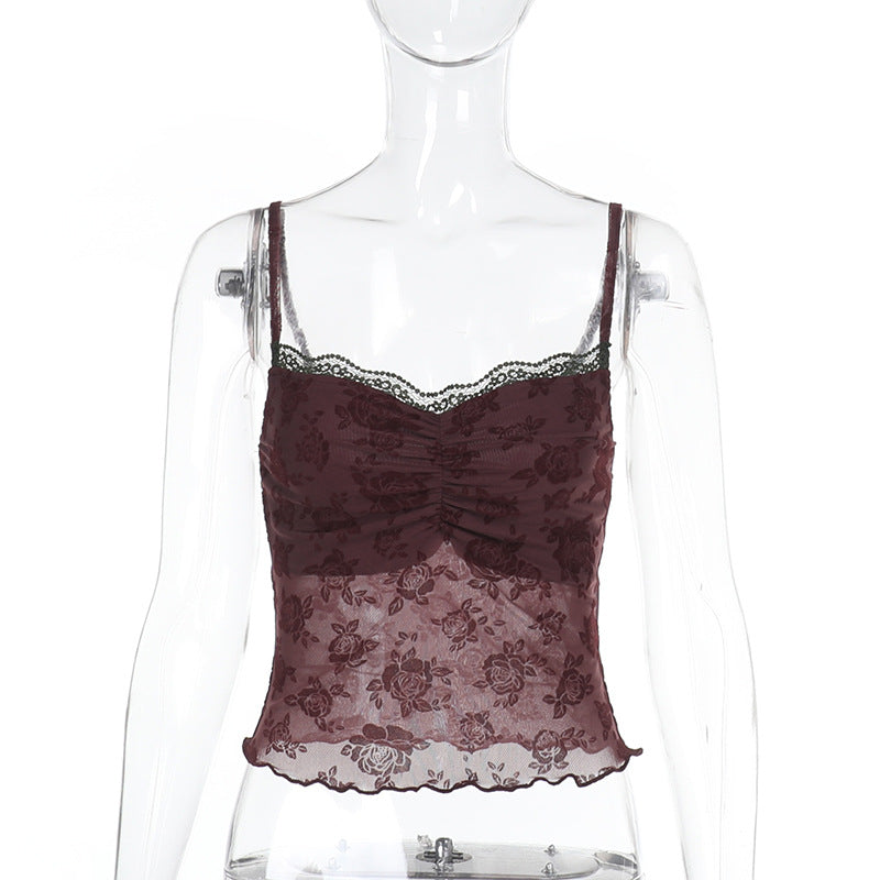 Damen Spitzen-Crop-Top mit floralem Design EB