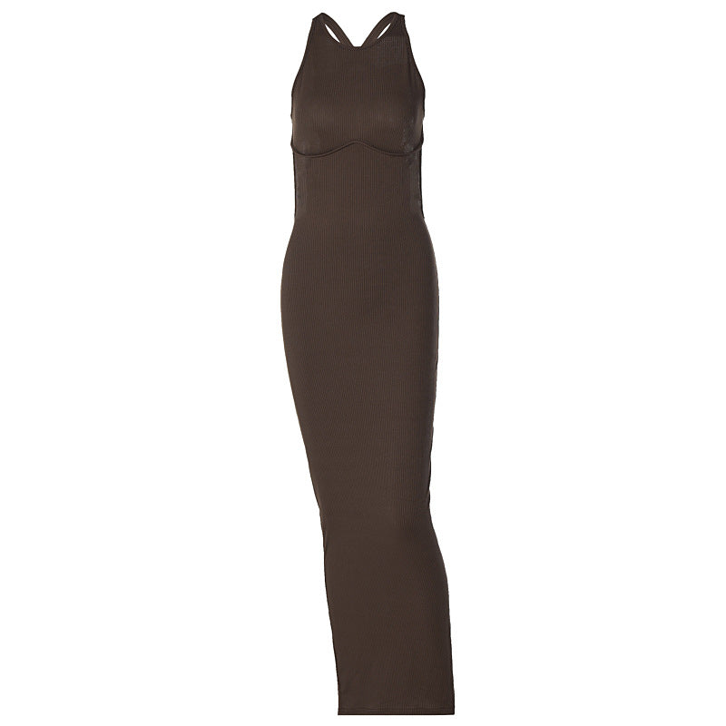 Damen körpernahes Strick-Maxi-Kleid mit raffiniertem Ausschnitt und langen Trägern EB