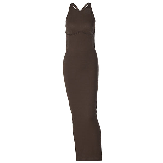 Damen körpernahes Strick-Maxi-Kleid mit raffiniertem Ausschnitt und langen Trägern EB