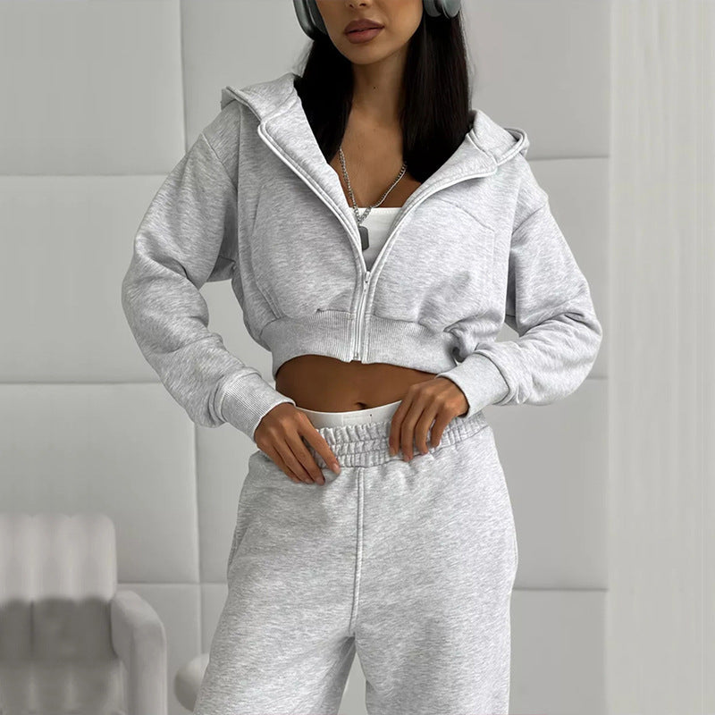 Damen kurzes Zip-Kapuzensweatshirt mit tailliertem Bündchen und weitem High‑Waist French‑Terry Jogginghose Set EB