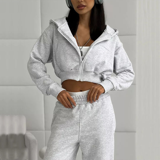 Damen kurzes Zip-Kapuzensweatshirt mit tailliertem Bündchen und weitem High‑Waist French‑Terry Jogginghose Set EB