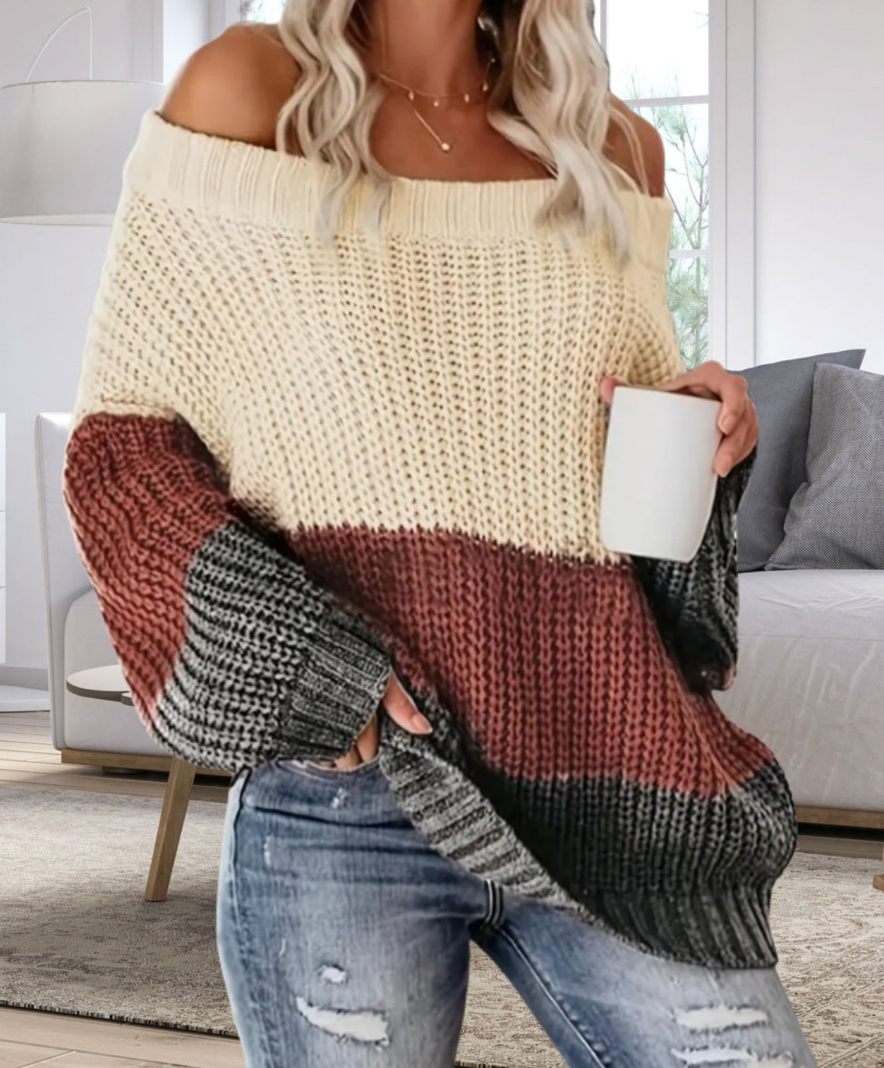Damen Lässiger Overzise-Strickpullover mit Off-Shoulder-Ausschnitt und angesagtem Farbblockdesign EB