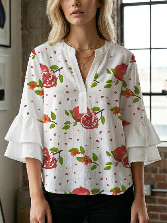 Damen Bluse mit voluminösen Rüschenärmeln und modernem Motiv EB