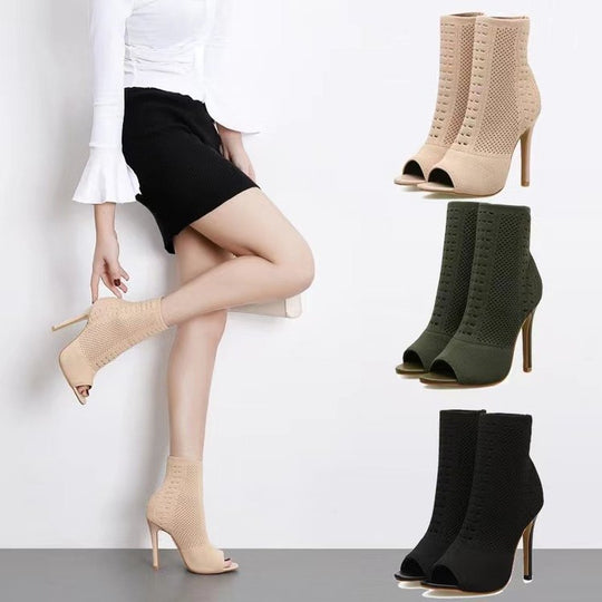 Damen Peep-Toe Stiefeletten aus atmungsaktivem Strickmaterial EB