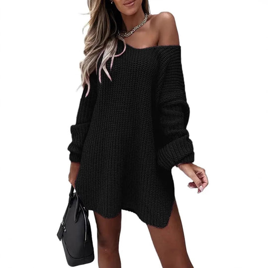 Damen lässiger Strickpullover mit tiefem V-Ausschnitt und ballonförmigen Ärmeln EB
