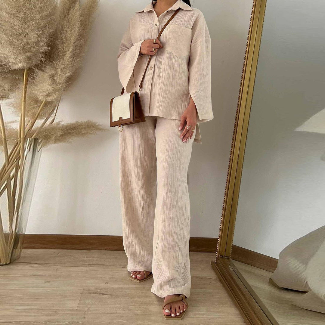 Damen bequeme und stilvolle Blusen-Hosen-Kombination mit eleganter Struktur EB
