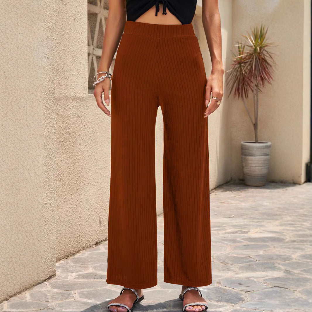 Damen Weite, gestreifte Plisseehose mit hohem Bund und elastischem Taillenbund EB