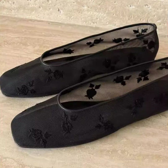 Damen Bestickte Mesh-Ballerinas mit quadratischer Zehenpartie und Rosenstickerei EB