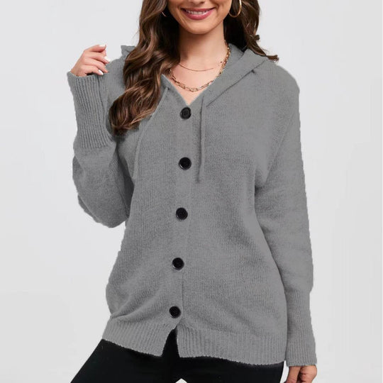 Damen Strickjacke mit Kapuze und praktischen Knopfdetails EB