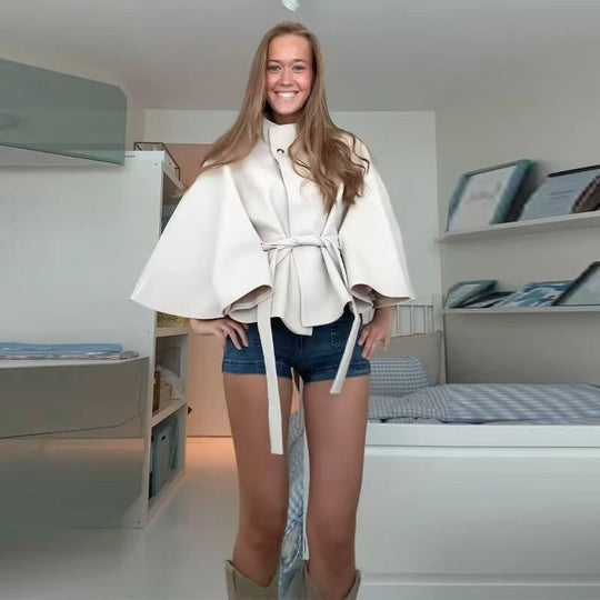 Damen elegante Umhangjacke mit Bindegürtel und hochgeschlossenem Kragen EB