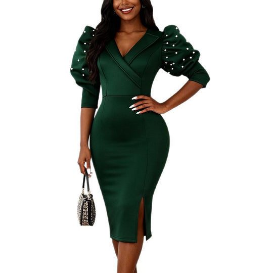 Damen figurbetontes Kleid mit eleganten Puffärmeln und Schlitz EB