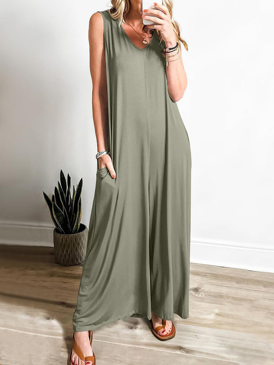 Damen ärmelloses Maxikleid mit seitlichen Taschen und fließender Silhouette EB