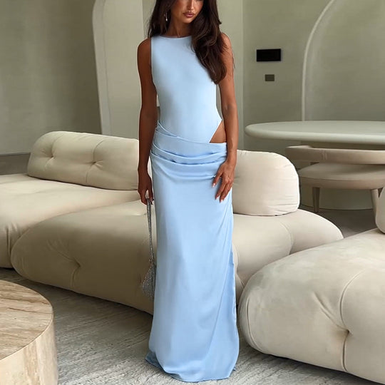 Damen elegantes Maxikleid mit asymmetrischem Design und raffiniertem Tailleneinsatz EB