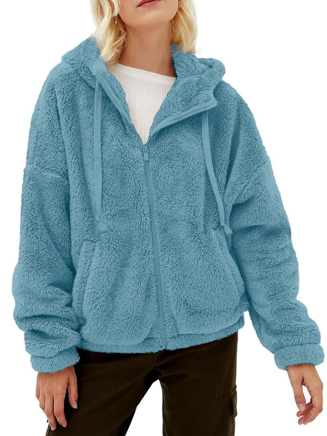 Damen Flauschige Fleecejacke mit Kapuze und Eingrifftaschen EB