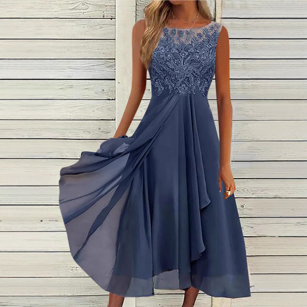 Damen nan ärmelloses Chiffon-Midikleid mit bestickter Illusionsspitze, Schiff-Ausschnitt und mehrlagigem Schwingrock EB