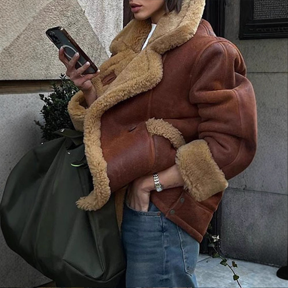 Damen Lässige und modische Teddyjacke mit großem Kragen und weich gefüttertem Innenleben EB